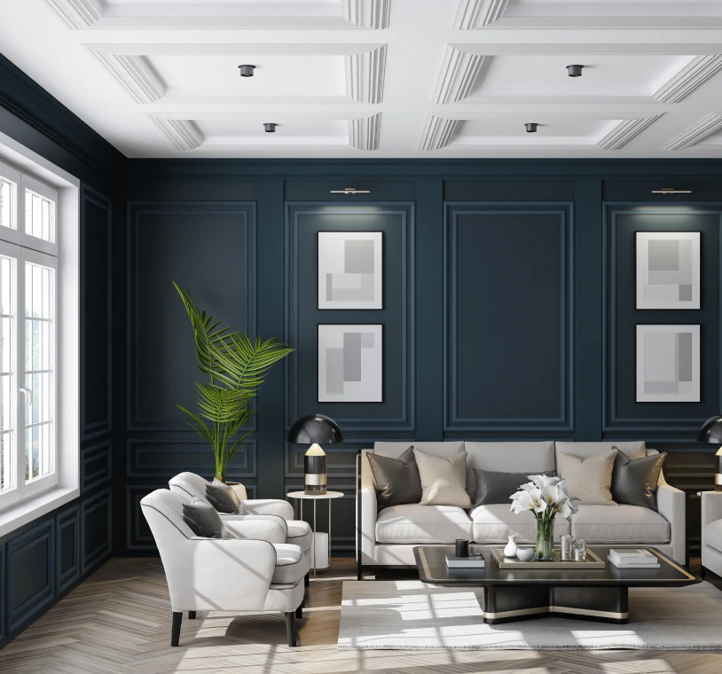 Modern living room with dark blue walls